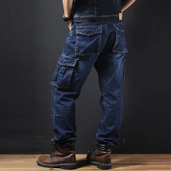Threebooy  Men's Autumn/Winter Multi-Pocket Straight-Leg Cargo Pants Loose Fit Plus Size Plus Beefy Jeans Casual Comfortable Denim Trousers
