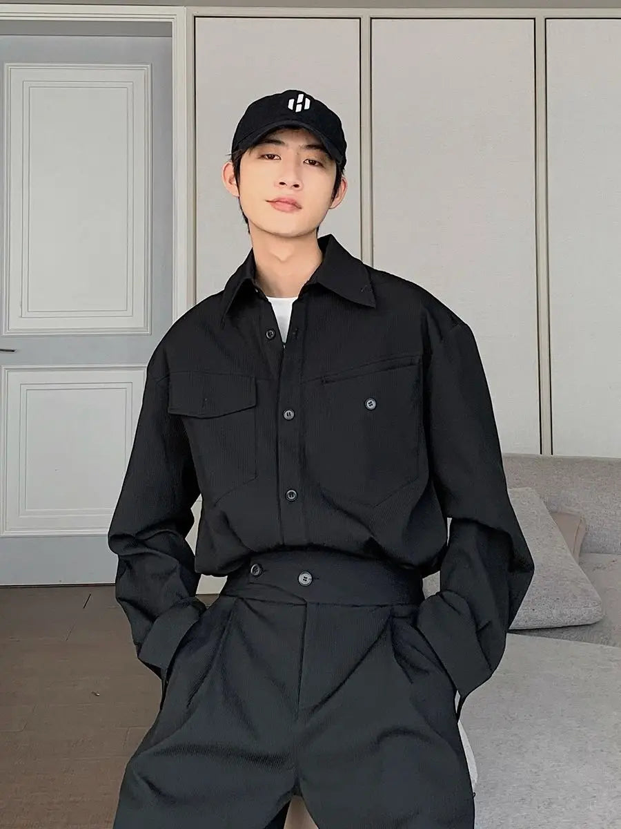 Threebooy Men's Shirt Pants Set High-end Shirt Suit Trendy Spring Handsome Long-sleeved Top Loose Straight Trousers Two-piece Set