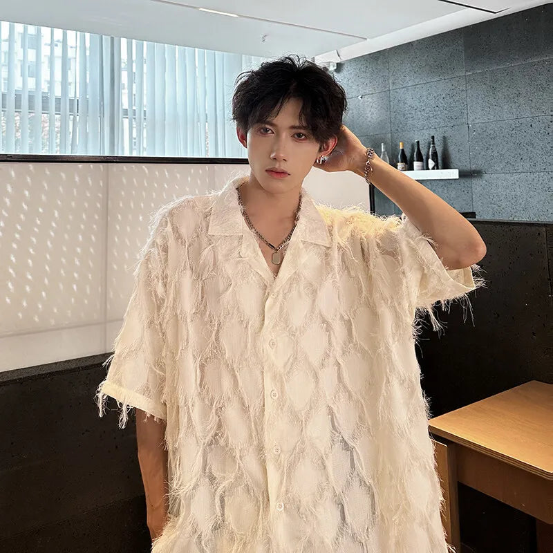 Threebooy Men Loose Short Sleeve Shirt Small Suit Collar Diamond Frayed Edges Unique Design Casual Trendy Mens Fashion Boho Chic Style
