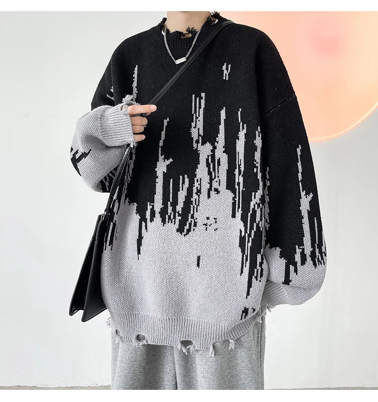 Threebooy Hip Hop Ripped Punk Knitted Sweaters Men Oversized Harajuku Streetwear Sweaters Winter Couples Fashion Knit Pullovers Tops
