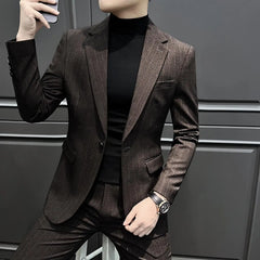 Threebooy  Striped Men's Set Wedding Korean Version Business Casual Stylish High-End Suit Jacket New Model