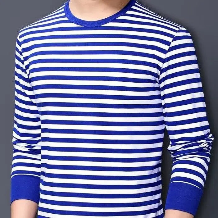 Threebooy  Long-sleeved Men's T-shirt Loose Retro Versatile Spring Autumn Clothes Blue White Striped Cotton Sailor Suit