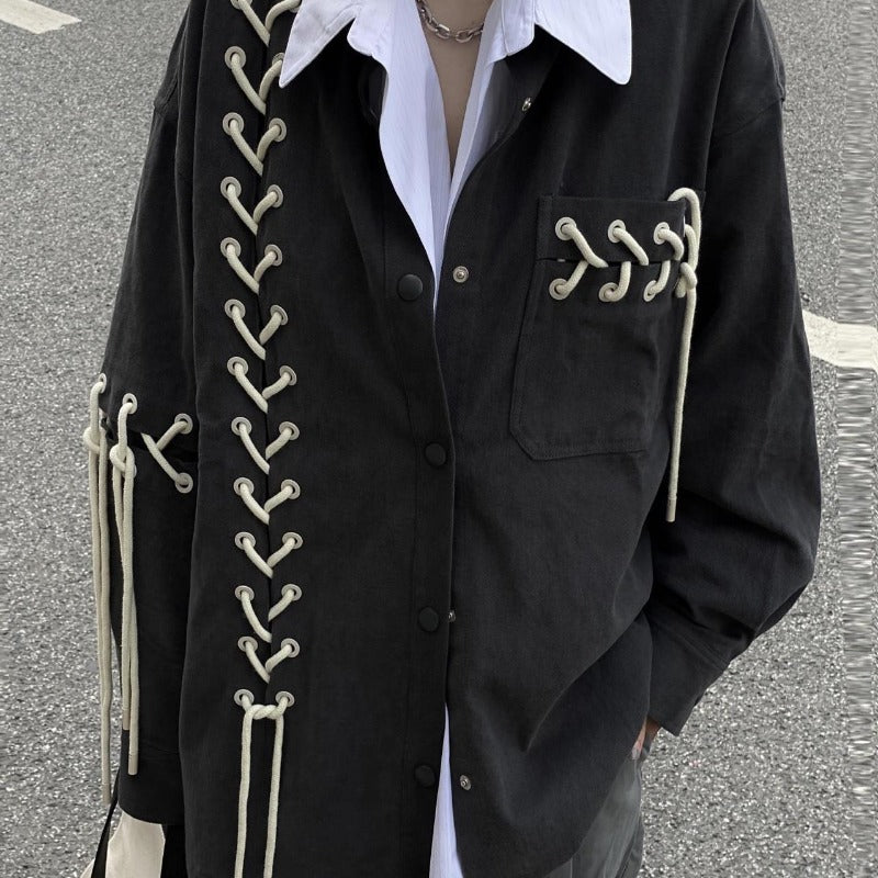 Threebooy Unisex Vintage Punk Black Shirt Coat Men Women Spring Autumn Japanese Harajuku Tie Rope Top Versatile High Street Shirt