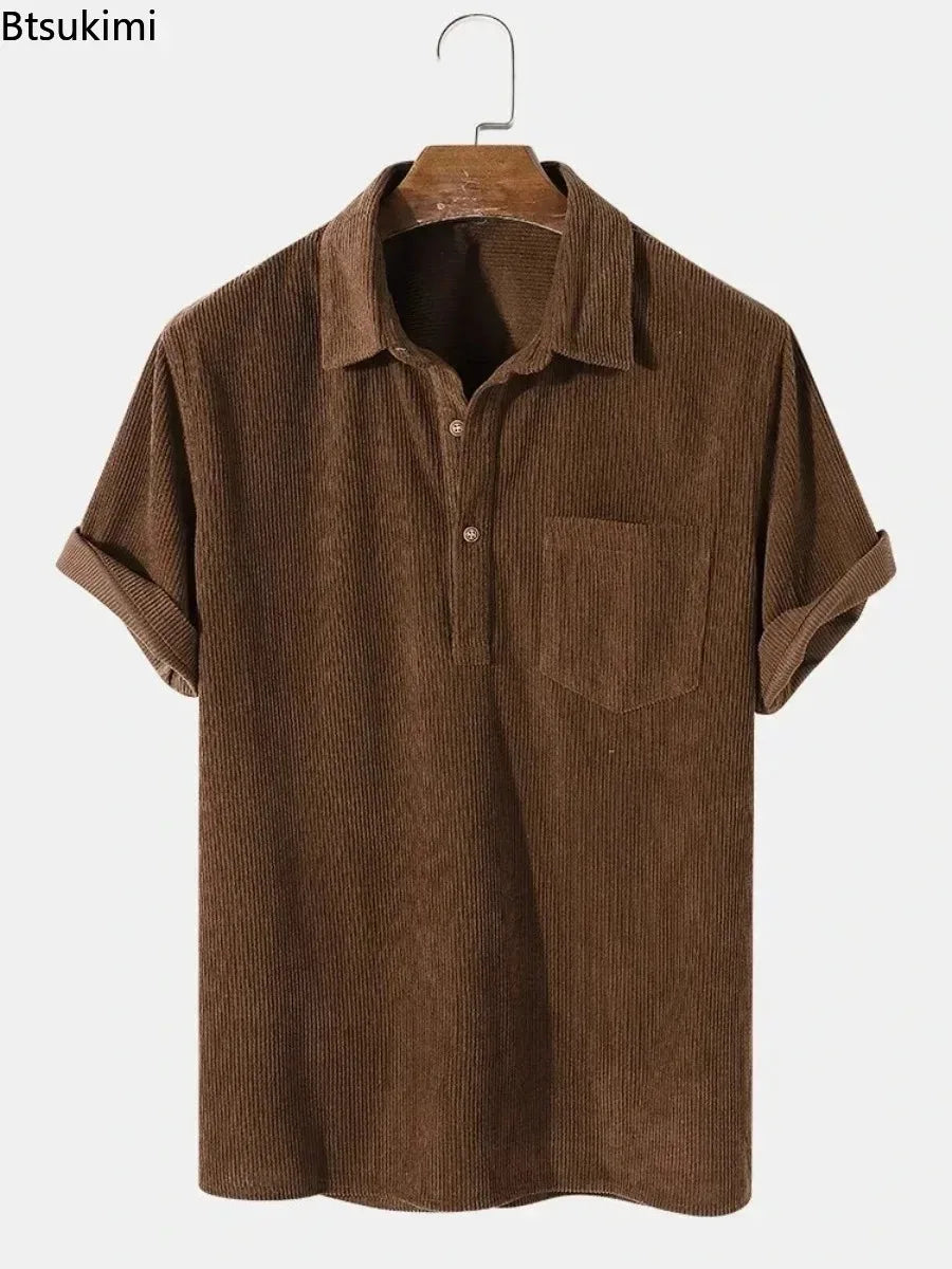 Threebooy  New 2025 Men's Summer Corduroy Short Sleeve Shirt Fashion Casual Streetwear Solid Lapel Loose Pullover Retro Simple Tops for Men