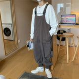 Threebooy Suspenders Jumpsuit Pants Men Summer Overalls Japanese Loose Straps Casual Pockets Unisex Oversize Streetwear Solid Man Clothing