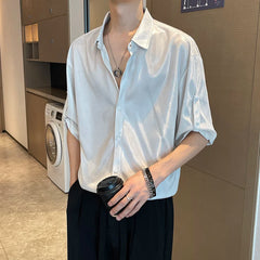 Threebooy Men Shiny Design Casual Shirt Trendy Handsome Shirts Fashion Loose Half Sleeve Tops Korean Style Personality Clothing