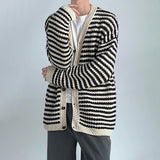 Threebooy Mens Autumn Winter Y2k Black Apricot Striped Cardigan Knitted Sweater New Essential Comfortable Loose Casual Jacket For Men