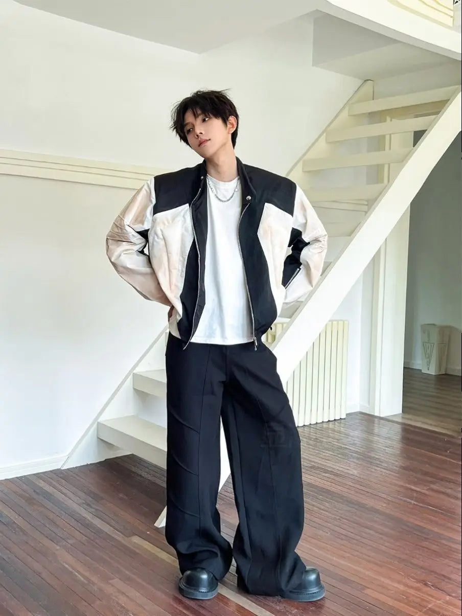 Threebooy American High Street Design Contrast Color Old Silhouette Shoulder Pad Jacket Men's Hipphop Trendy Handsome Motorcycle Jacket