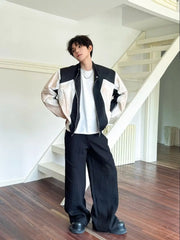 Threebooy American High Street Design Contrast Color Old Silhouette Shoulder Pad Jacket Men's Hipphop Trendy Handsome Motorcycle Jacket