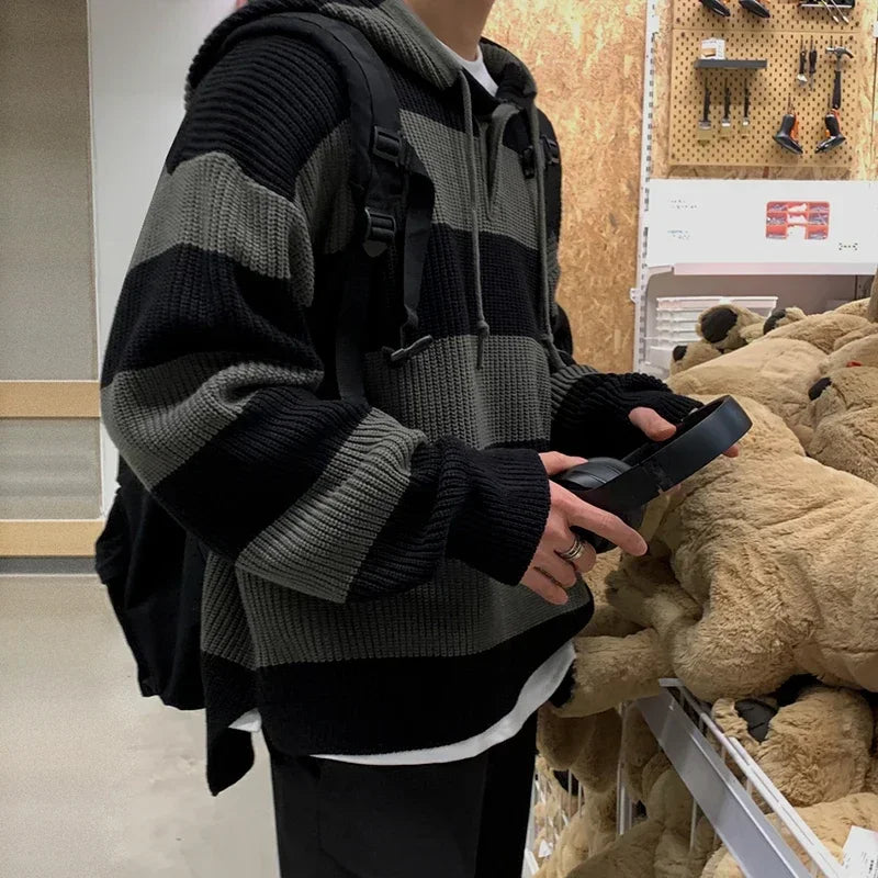 Threebooy Fashion Striped Sweater Men's Autumn Korean Version New Loose Trend Lazy Style Retro Hooded Pullover Sweater Jacket Chic