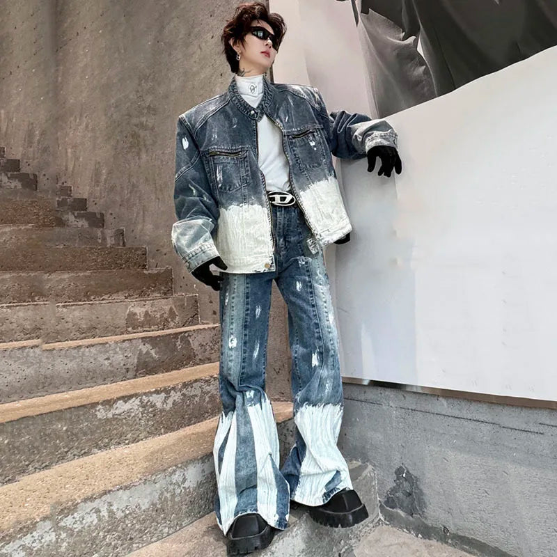 Threebooy Men's New 2-Piece Bleached Faded Denim Set