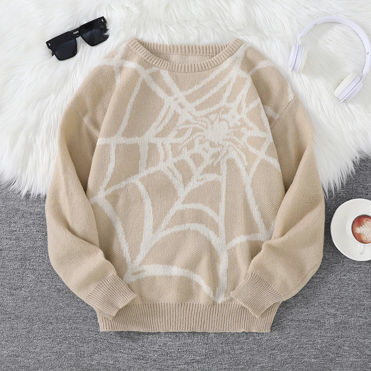 Threebooy  New Popular Autumn and Winter Spider Web Jacquard Pattern Pullover Sweater Casual Round Neck Knitted Men's Pullover