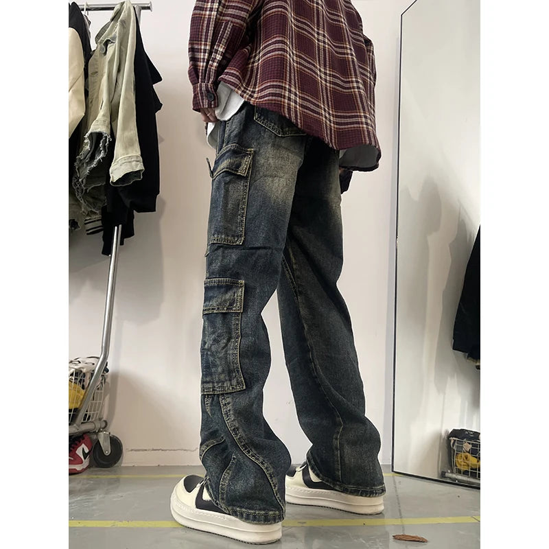 Threebooy  Men's Patchwork Blue Cargo Jeans Unisex Straight Casual Trousers Men Muti-pockets Hip Hop Streetwear 90s Vintage Fashion Pants