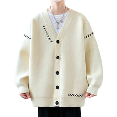 Threebooy Autumn Winter V-Neck Knit Cardigan Men Harajuku Patchwork Loose Knitted Sweater Outerwear Coat Mens Fashion Casual Streetwear