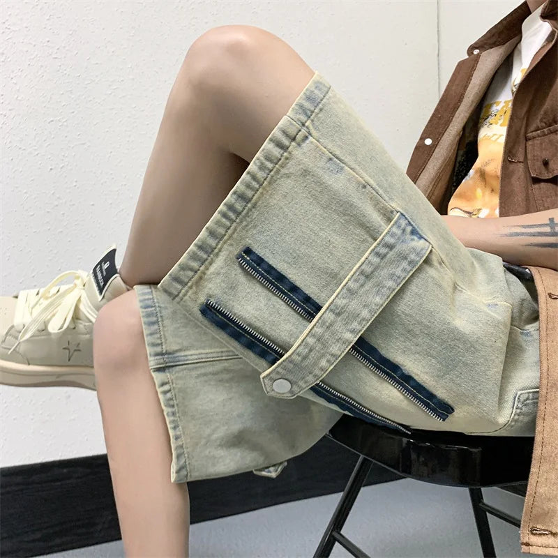 Threebooy Men Patchwork Oversized Jeans Shorts Streetwear Harajuku Denim Shorts New Hip Hop Vintage Blue Summer Casual Loose Shorts