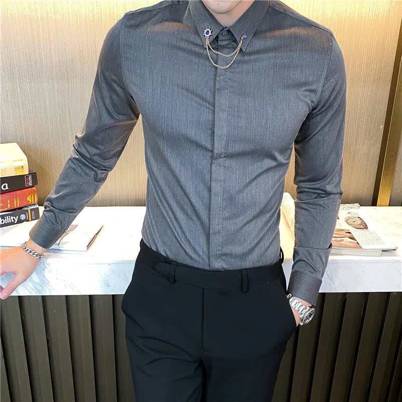 Threebooy High Quality Men Dress Shirt Autumn Long Sleeve Solid Business Slim Fit Shirts Homme Dress Social Casual Shirt