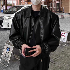 Threebooy  High Street Trendy PU Leather Crop Jacket Casual Textured Locomotive Zipper Turn-down Collar Solid Color Long Sleeve Men's Coats