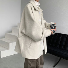 Threebooy Streetwear Woolen Coat Men's Autumn Winter Minority Lapel Jacket American Retro Loose Casual Asymmetrical Jacket