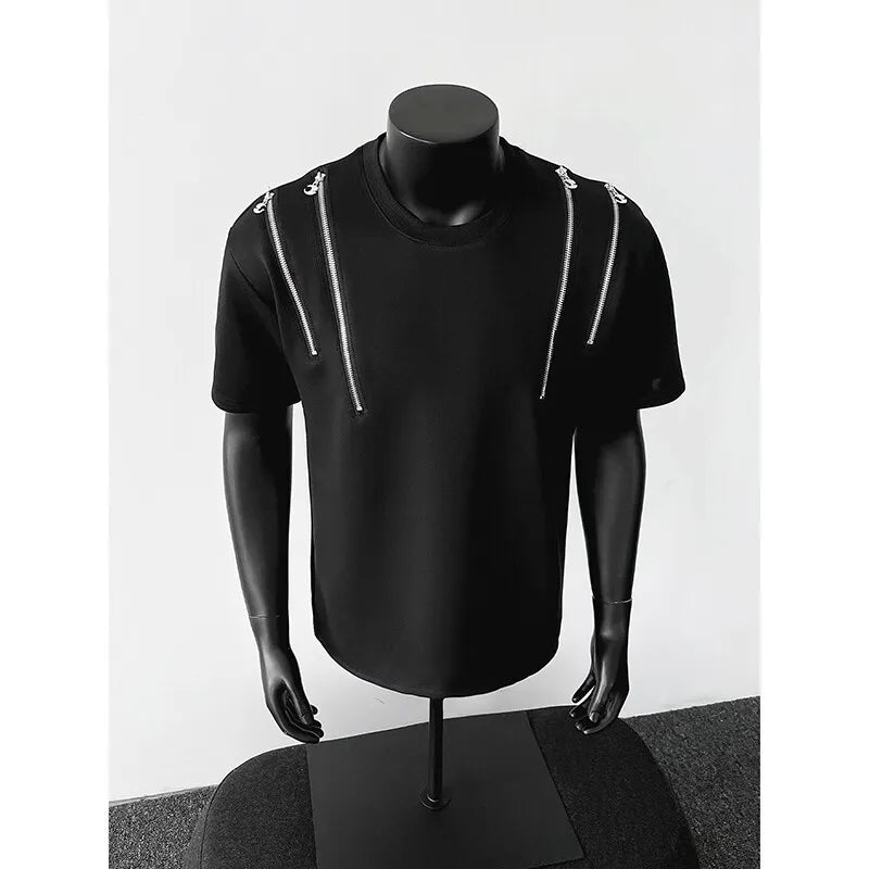 Threebooy  T shirt men O Neck Zip Detail StreetweaR T-Shirt Trendy Urban Hip Hop Style Casual Tee Top Fashion Graphic Crewneck Slim Fit