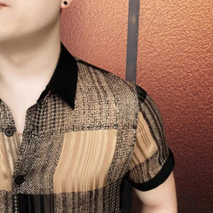 Threebooy   Summer Shirt Men's Slim Fit Handsome Business Casual Shirt Short Sleeve Versatile Trendy Ice Silk Breathable Vacation Shirt