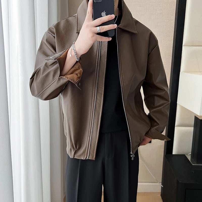 Threebooy  New Autumn Men's Casual Textured PU Leather Jacket High Street Zip-up Turn-down Collar Solid Color Long Sleeve Retro Coats M-3XL
