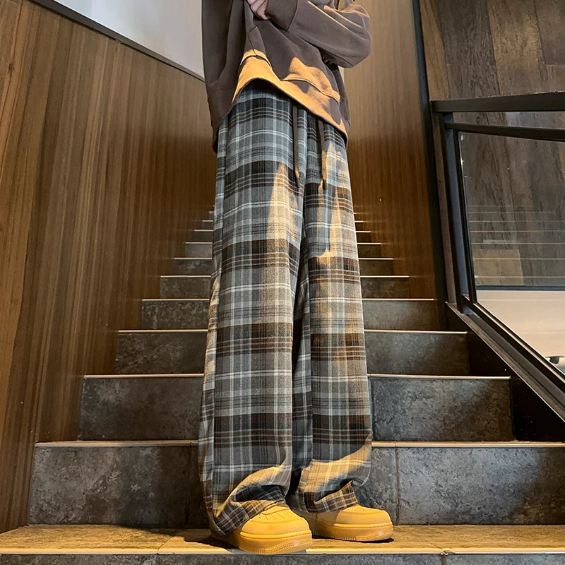 Threebooy  Autumn Plaid Pants Men Oversized Fashion Retro Casual Pants Men Streetwear Hip-hop Loose Wide Leg Pants Mens Vintage Trousers