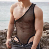 Threebooy 2024 Mens Sexy Men's Bodysuit Hollow Mesh Body Sculpting Underwear Macho See-through High Fork Triangle Sleeveless Jumpsuit Vest