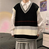 Threebooy Preppy Style V-neck Sweater Vest Men's Loose Sleeveless Sweater Vest Korean Fashion Striped Print Tops