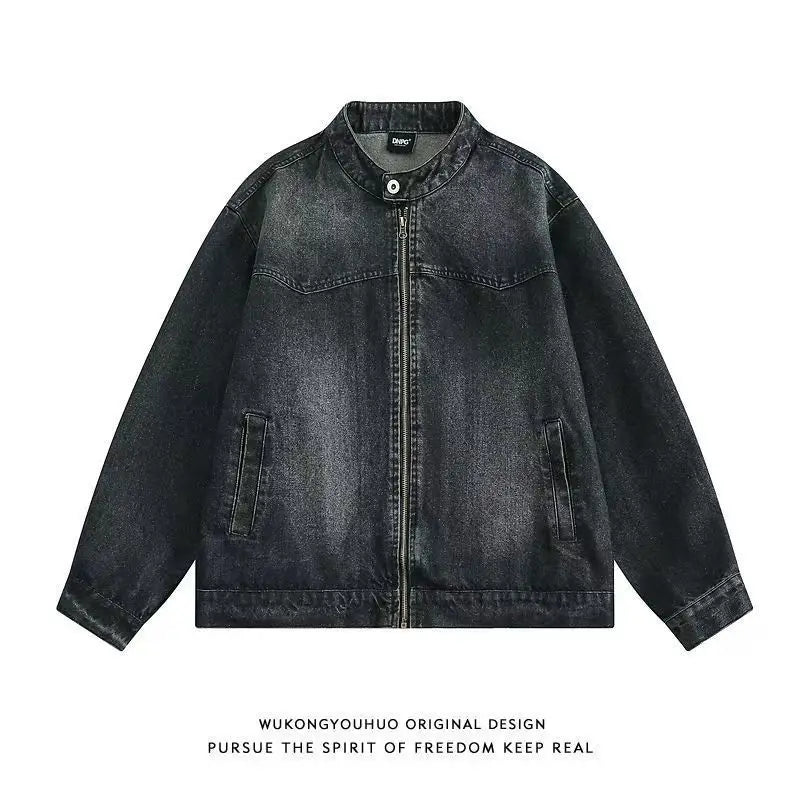 Threebooy  American Retro Washing Work Clothes Denim Jacket Spring Autumn Simple Street Casual Trend Niche Stand Collar Jacket Aesthetic