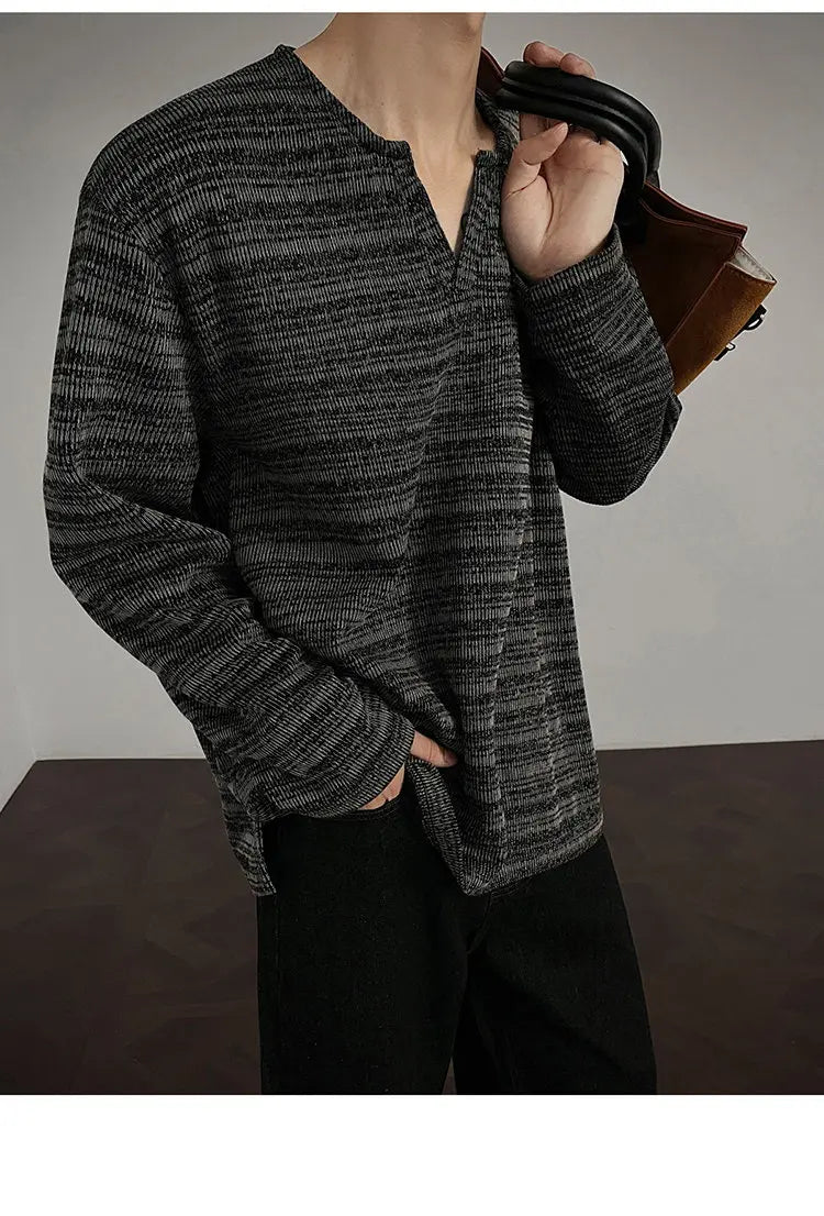 Threebooy 2025 New Fall Mens Long Sleeve Tshirt Soft Comfortable Casual Knitted Shirt V Neck Top Fashion Mens Clothing Teen Boys Clothing