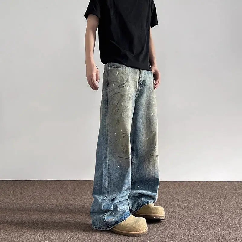 Threebooy Spring and Autumn Men and Women Trendy Personalized Straight Tube Inkjet Laundry Jeans American Couple Loose Retro Casual Pants