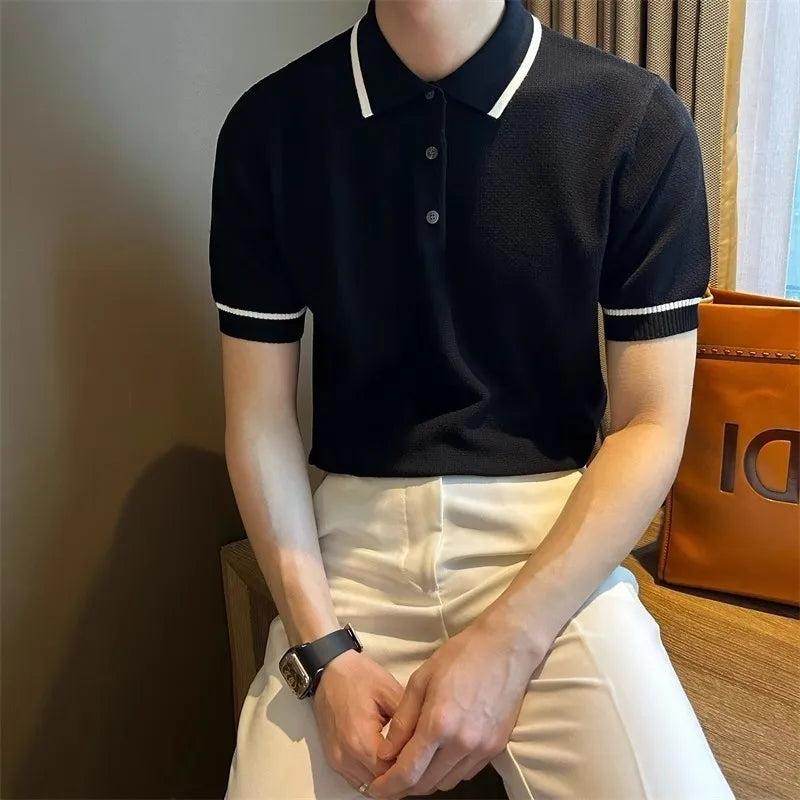 Threebooy New Men Fashion Tops Light Luxury Style Leisure Knitted Polo Shirt Casual Fitness Solid Color Short Sleeve Breathable Tees M-3XL