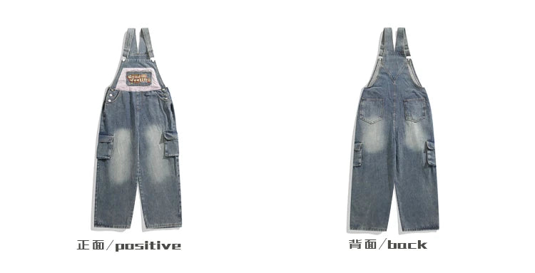 Threebooy American Retro Patch Embroidered Old Washing Denim Overalls Korean Fashion Men Women Vintage Jumpsuits Aesthetic Functional