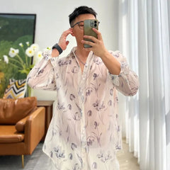 Threebooy Men Sheer Floral Shirt Fashion Sexy Mesh See-through Long Sleeve Shirts Summer Casual Blouse Neutral Thin Loose LGBT Clothing