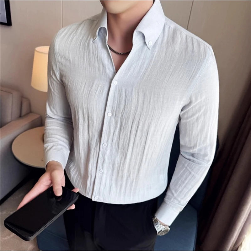 Threebooy  Men's Linen Long Sleeved Shirt Fashionable Business Casual Lightweight Breathable Comfortable Casual Solid Color Shirt
