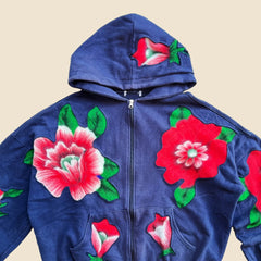 Threebooy Harajuku New Flowers Pattern Patchwork K Pop Clothes Hoodies Women Blue Retro Goth Sweatshirt Hoodie Casual Loose Zipper Hoodies