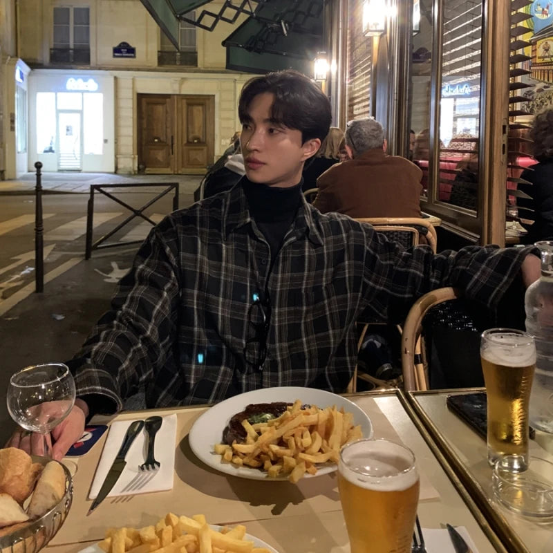 Threebooy Korean Plaid Shirt Men Oversized Fashion Retro Casual Shirt Men Streetwear Loose Long Sleeved Shirt Mens Black Vintage Shirts