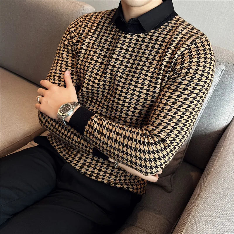 Threebooy  Brand Clothing Men Winter Thermal Knitting Sweater/Male Slim Fit High Quality Shirt Collar Fake two Piece Pullover Sweatres