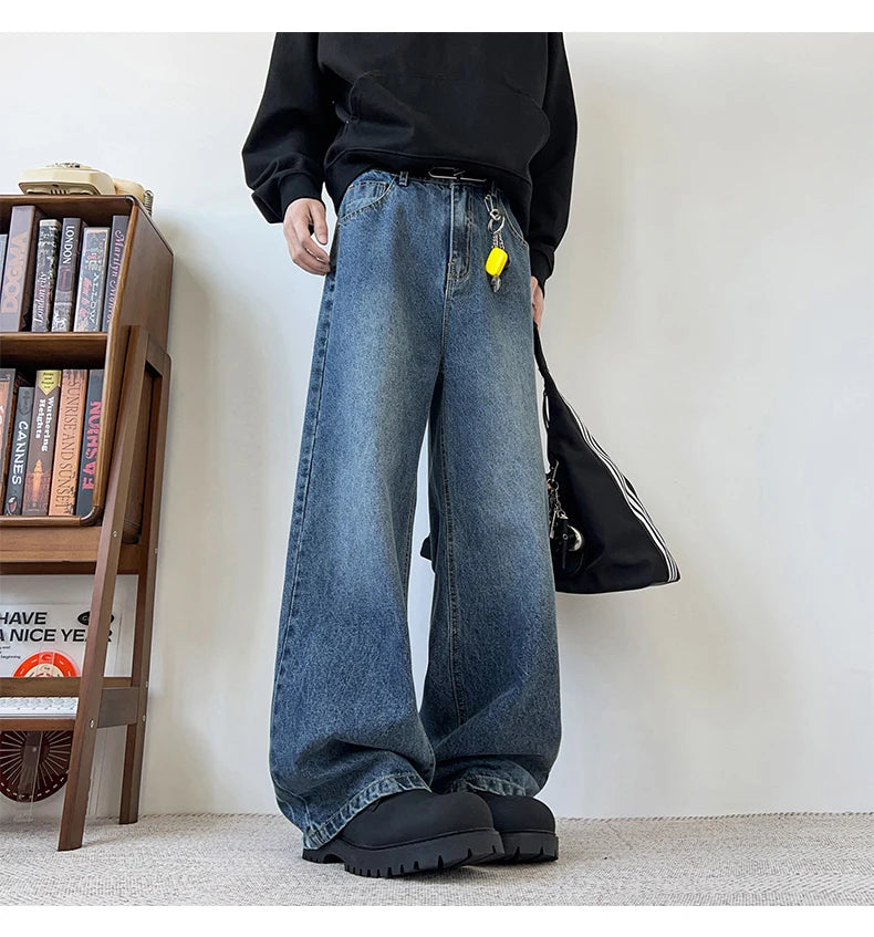 Threebooy Men's Wide Leg Curved-Knife Jeans Summer American Bamboo Pattern Striped Texture Design Men Trendy Denim Pants 2025 Baggy Jeans