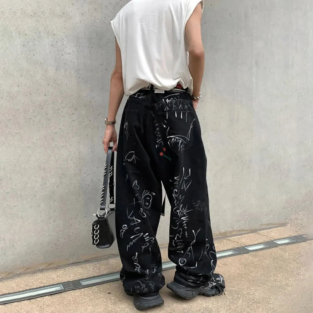 Threebooy 2024 Spring And Autumn Men's Casual Pants Fashionable Trendy Y2k Hip-Hop High Street Graffiti Printed American Vintage Trousers