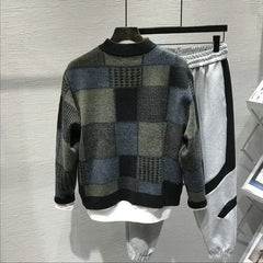 Threebooy Man Clothes Plaid Coat Knitted Sweaters for Men Jacket Cardigan Thick Winter Japanese Harajuku Fashion Over Fit Knit