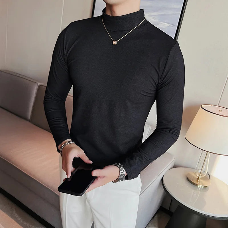 Threebooy  Men spring High Quality Casual Long Sleeve T-shirts/Male Slim Fit Fashion High Collar Long 
 Sleeve Casual T-shirt Black White S-4XL