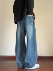 Threebooy Men's Straight Cargo Jeans with 4 Pockets Spring Autumn Heavy Fabric Washed Denim Pants Wide-Leg Baggy Jeans