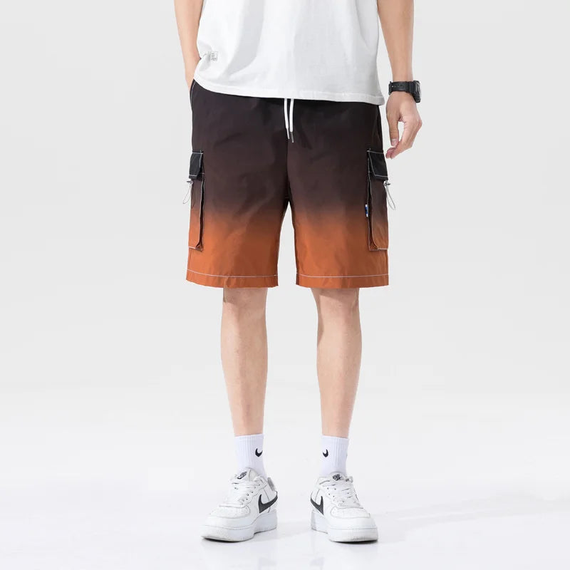 Threebooy HIP HOP Streetwear Summer Korean Fashion Ombre Drawstring Cargo Shorts For Men Loose Straight Multi-pocket Short Pants Casual Gym pantalones cortos