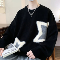Threebooy  Autumn Men's Star Pattern Jacquard Knitted Jumpers Casual Retro Elegant Crewneck Knitwear Y2K Streetwear Pullovers Sweater