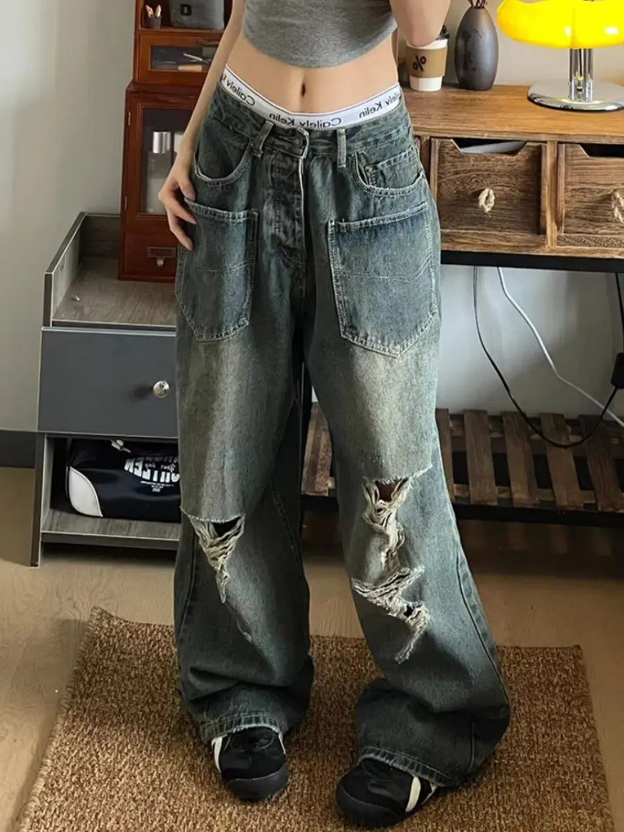 Threebooy European and American Summer HipHop Men and Women Trendy Personalized Straight Tube Washed Jeans Couple Loose Retro Casual Pants