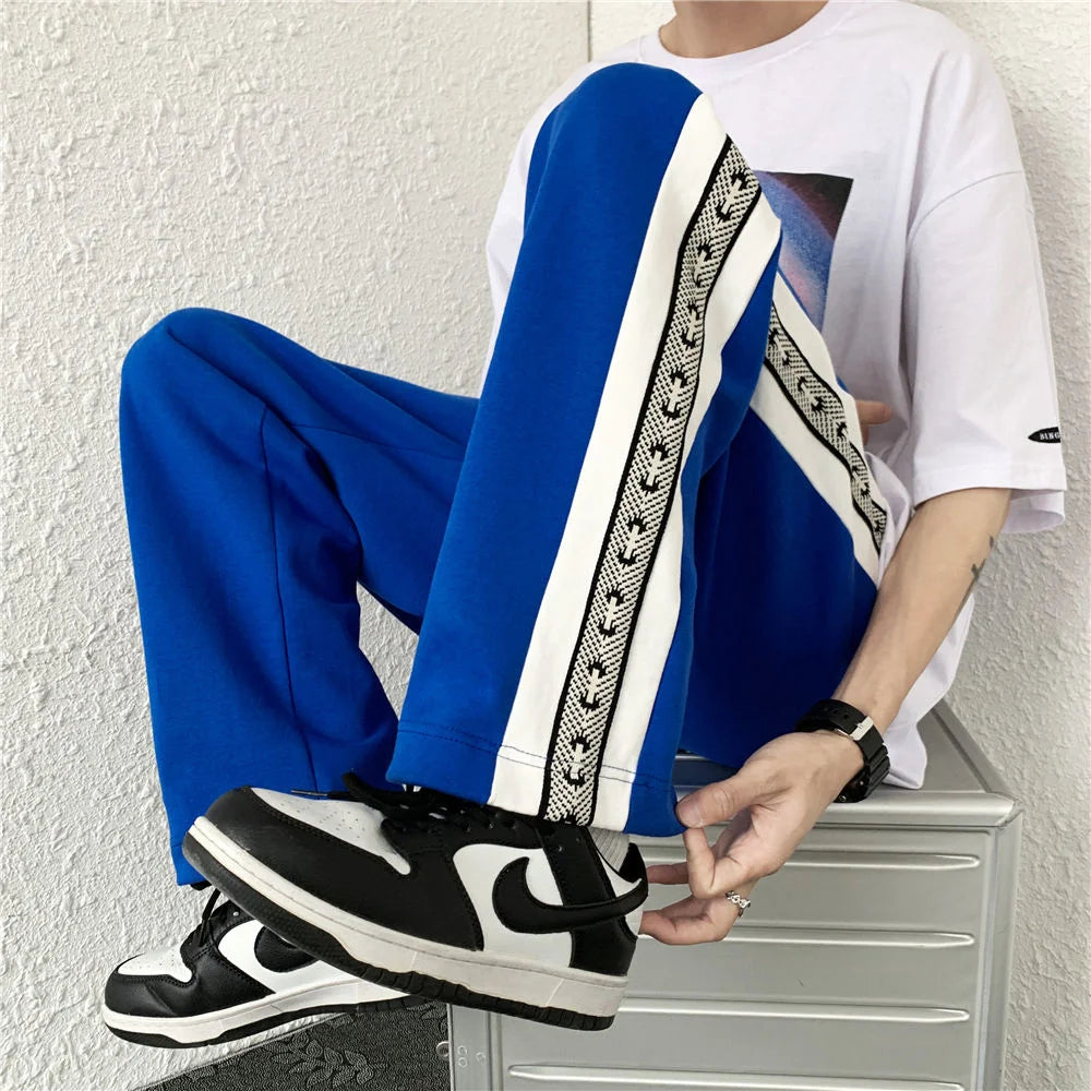 Threebooy Casual Pants Four Seasons Sports Trousers Thin Double Webbing Buttoned Contrast Color Loose Pants Straight Wide Leg Sweatpants