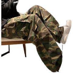 Threebooy Trendy Vintage Camouflage Cargo Pants Men's Loose-fit Straight-leg High Street Hip Hop Ins Hong Kong Style Wide-leg Trousers