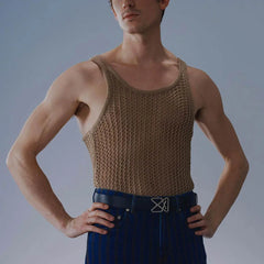 Threebooy  Men's Hollow Knitted Sleeveless Vest American Retro Fashion Trend Street Loose Casual Breathable Niche Summer New Men's Tops