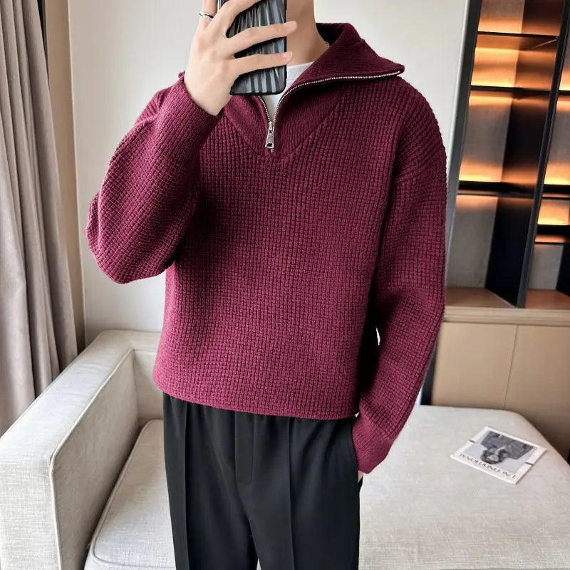 Threebooy Korean Thick Warm Knitted Men's Clothing Casual Knit Pullover Man to Man Sweaters For Men Loose Zipper Long Sleeve Sweater Male